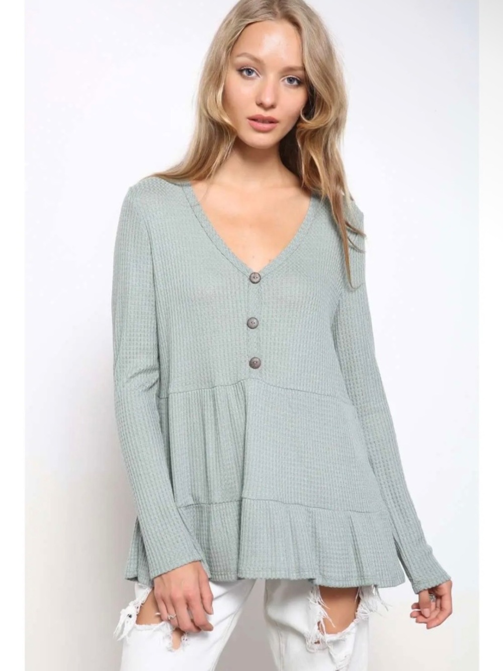 048. Waffle Knit Henley Tiered Babydoll Top, Mint green, various sizes